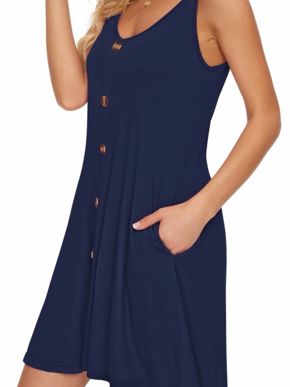 Navy Button-Front Sleeveless Pocket Dress